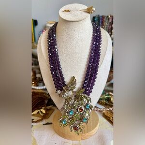 Stunning Purple Beaded Necklace with Multicolor Phoenix Pendant